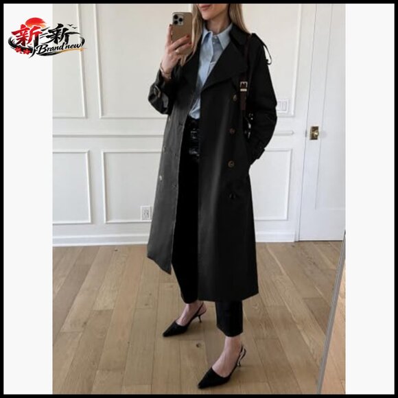 Long Trench Coat Double Breasted Classic Lapel Overcoat with Belt - Picture 2 of 7